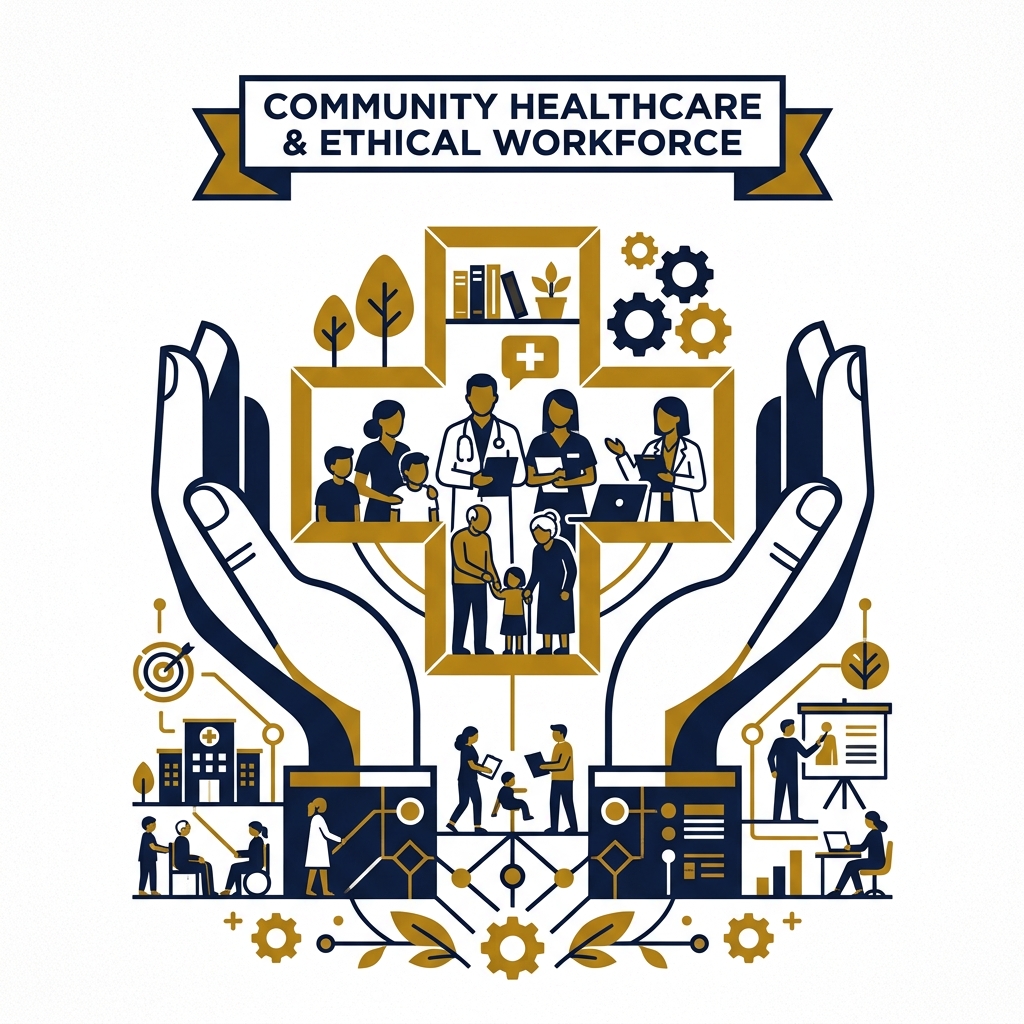 Corporate illustration depicting community healthcare and ethical workforce support